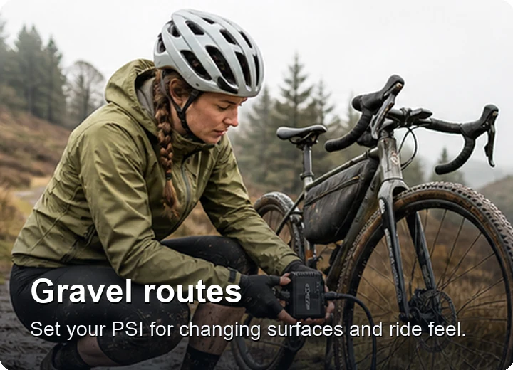 Gravel routes with target PSI control for changing surfaces
