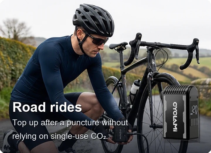 Road rides with compact electric pump for puncture top-ups
