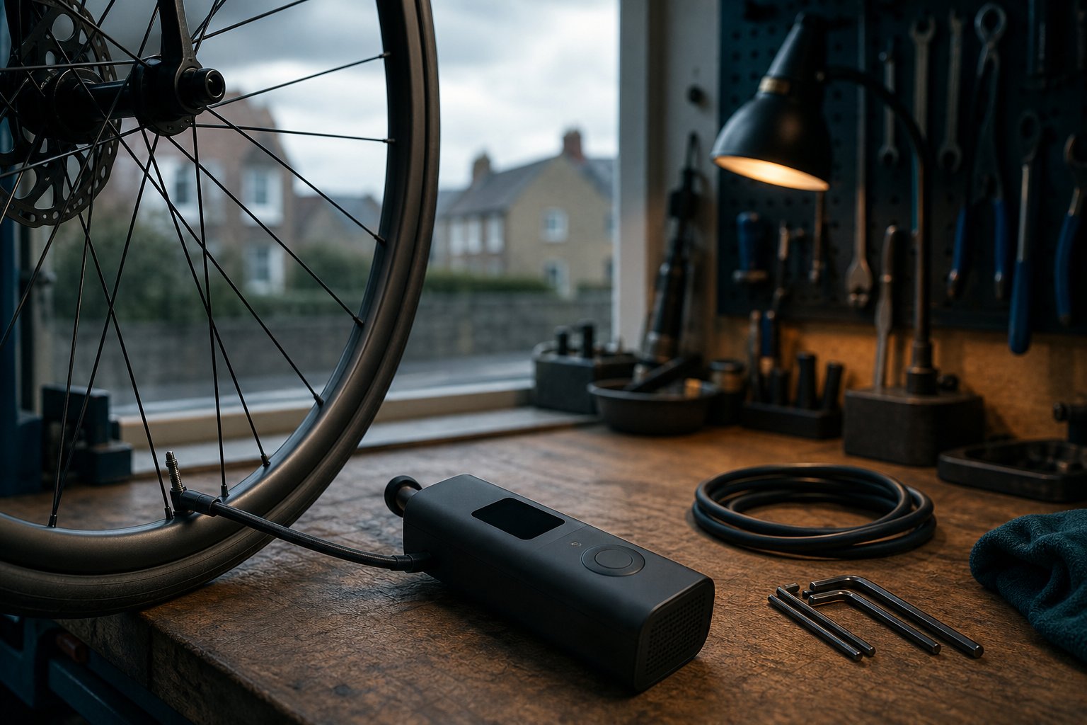 Road bike wheel and compact electric pump on a UK workshop test bench, set up for our CYCPLUS A2S review
