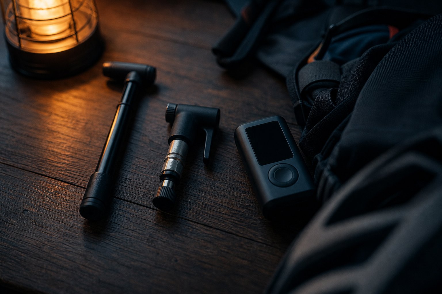 Hand pump, gas cartridge inflator and electric bike pump compared side by side on a dark table