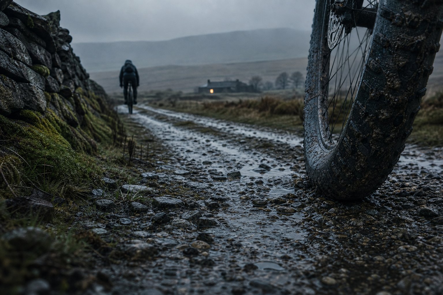Wide gravel tyre pressing into a wet flinty UK track with a distant rider, illustrating gravel tyre pressure
