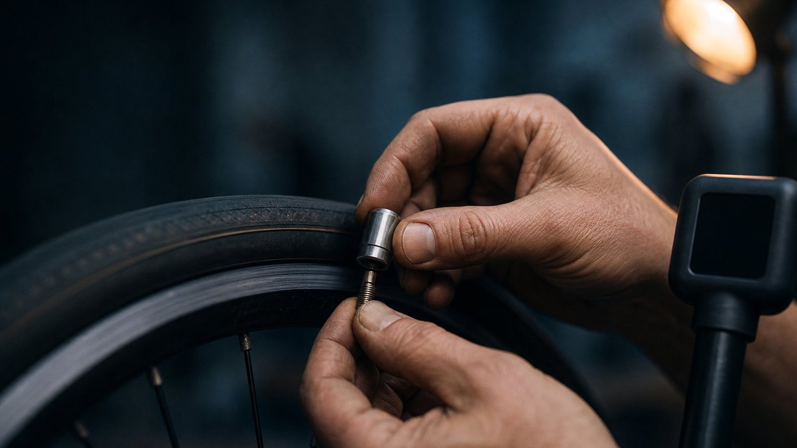 Slim Presta valve with knurled locknut beside a fat car-style Schrader valve on a bike wheel rim